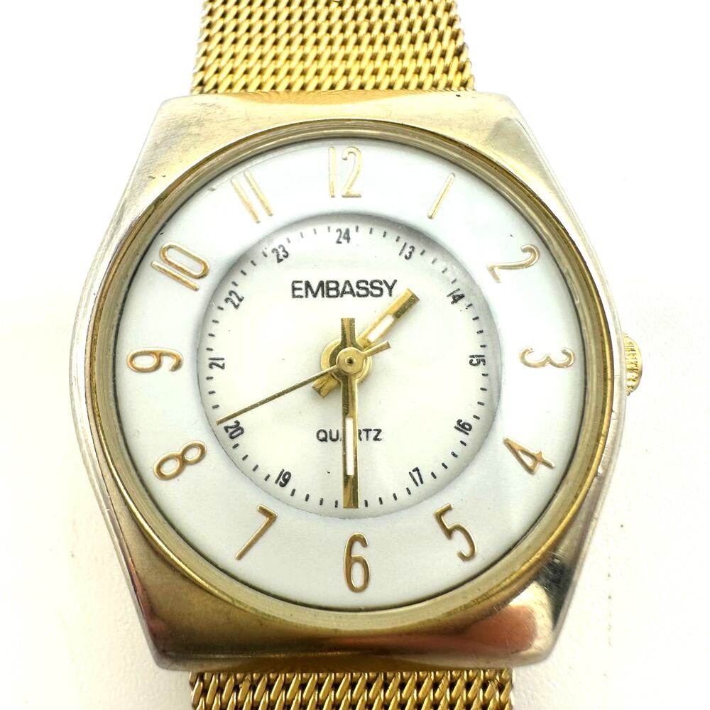 Embassy vintage Quartz gold white round 25mm dial stainless steel mesh watch